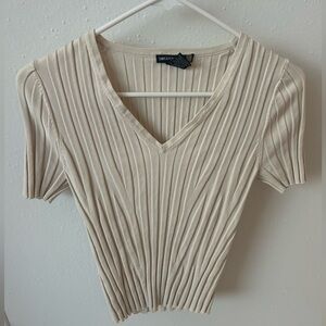 Cream ribbed V-neck top